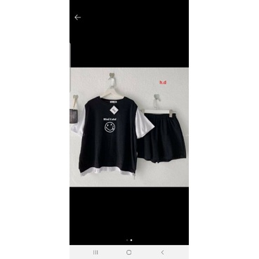 Sét Bộ áo Zaplang phối tay Bóng Chày Mặt cười+quần Short unisexChất cottonĐồ ngủ ở nhà nữ