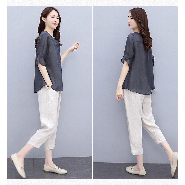 144055 Bộ áo và quần dài vải cotton nữ hè tay ngắn hàng nhập