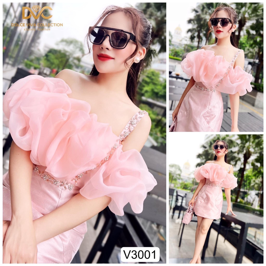 V3001 Váy hồng tafta  váy dáng A ngắn trễ vai dự tiệc -  Dolce viva colection