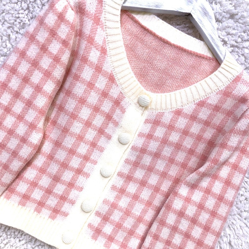 Áo len dài tay dáng ngăns, áo cardigan croptop kẻ caro trắng phối màu dễ thương cổ tròn - xiaozhaivn