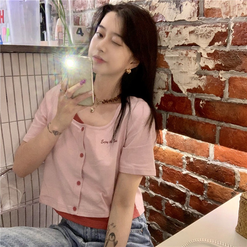 Áo Thun Tay Ngắn Giả Hai Lớp Phong Cách Hàn Quốc 185275 Áo Thun Ngắn Tay Thời Trang Mùa Hè
