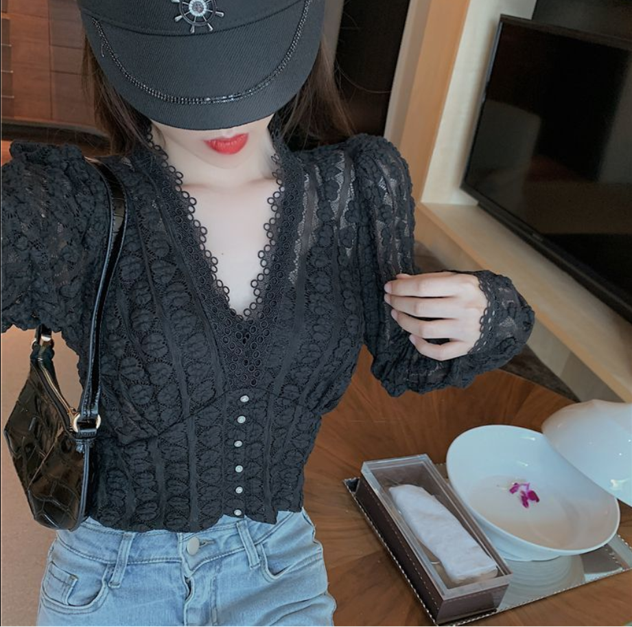 Áo Kiểu Tay Dài Cổ Chữ V Phối Ren Quyến Rũ Thời Trang Cho Nữ