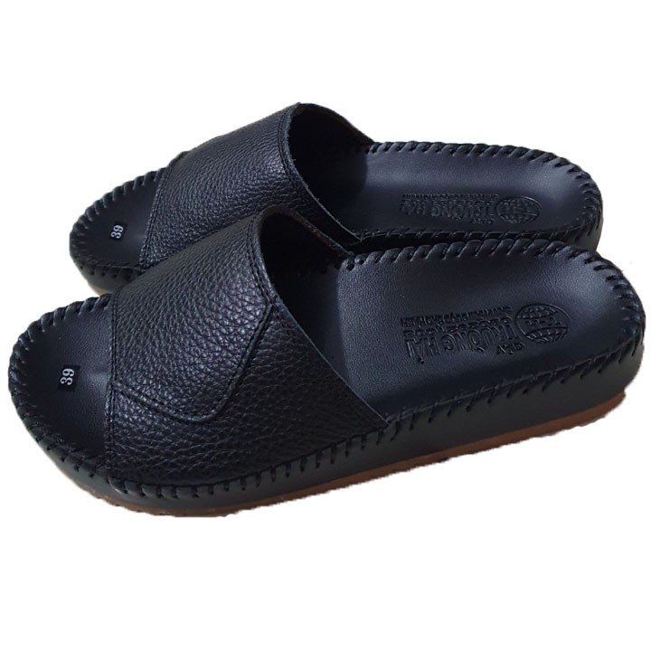 Dép Quai Ngang nam Da Bò Trường Hải  một bản màu đen QND101