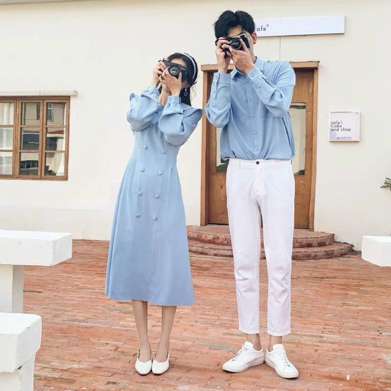 Áo ĐÔi Set áo váy sơ mi đôi nam nữ màu xanh cao câp phong cách hàn quốc(có ảnh thật) ST