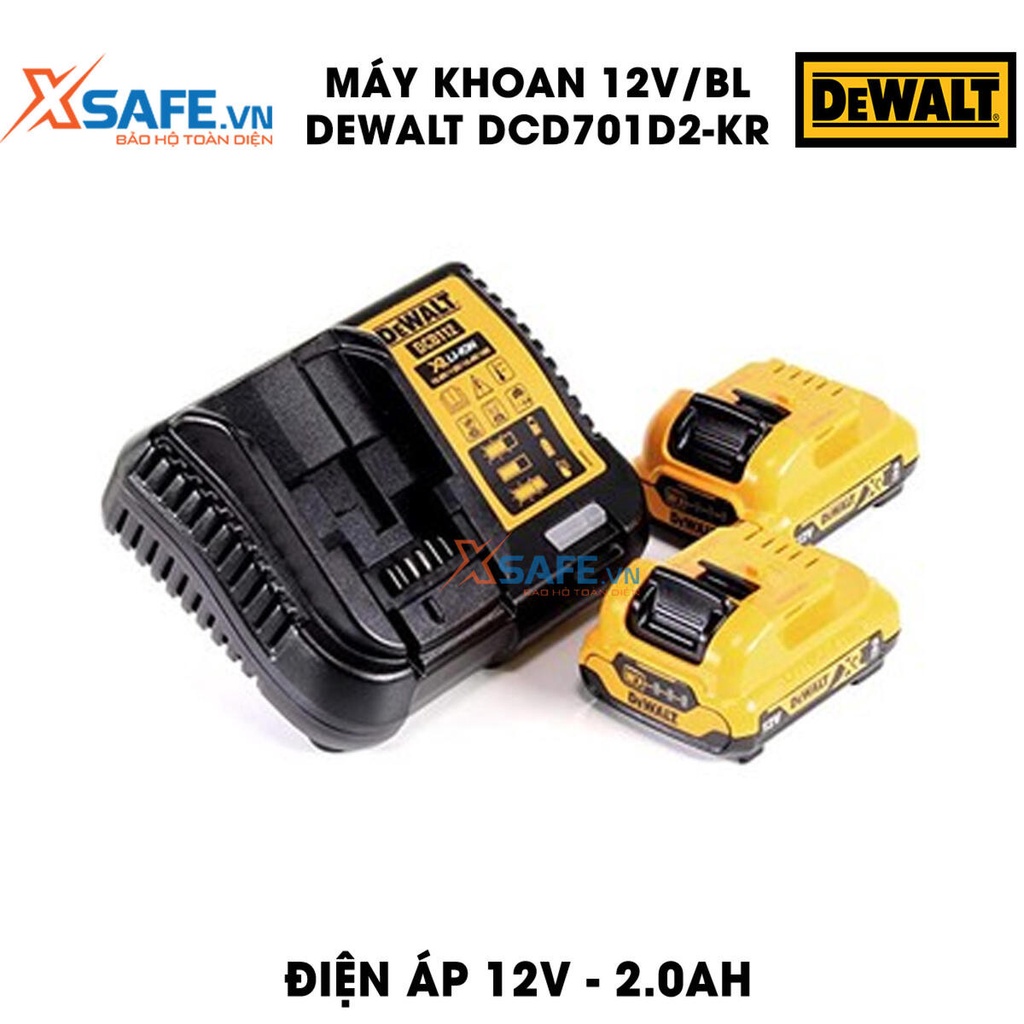 Máy khoan cầm tay 12V/BL DEWALT DCD701D2-KR tặng kèm 2 pin và 1 sạc, momen xoắn 57.5NM, tốc độ không tải 0-450/0-1500v/p