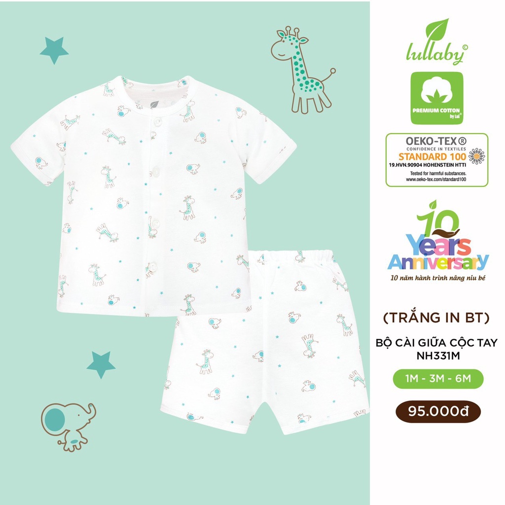 Bộ QA cộc tay cúc giữa 100% cotton in hình ngộ nghĩnh Lullaby