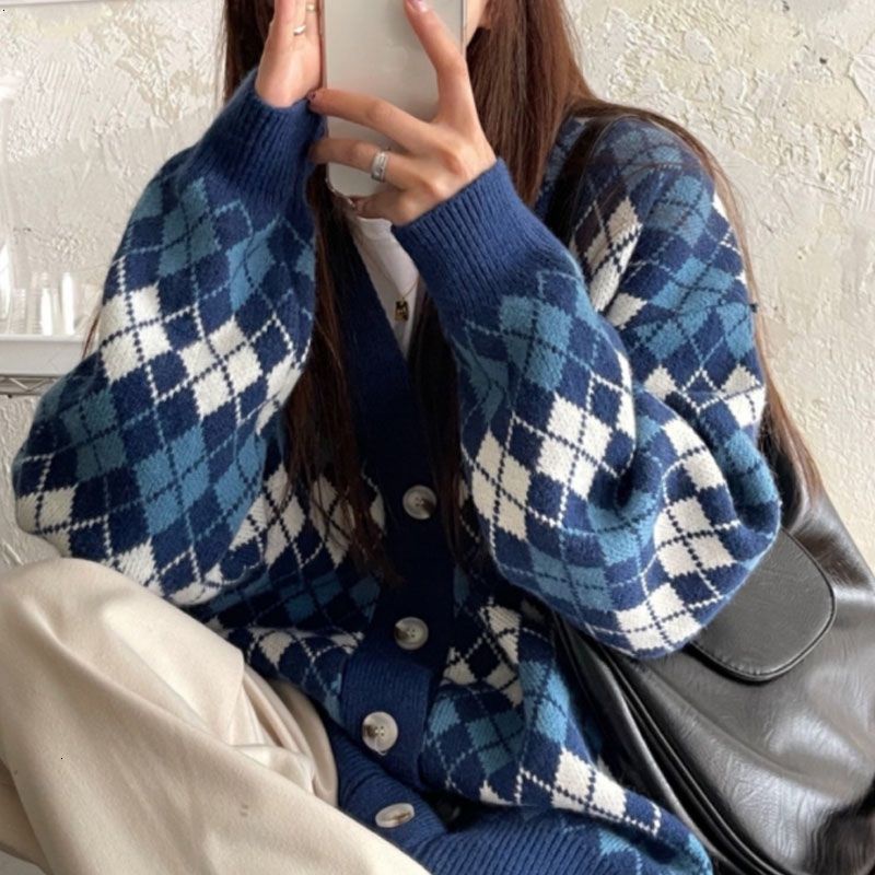 Áo Khoác Sweater Tay Dài Dáng Rộng Họa Tiết Kẻ Sọc Caro Phong Cách Retro Đơn Giản