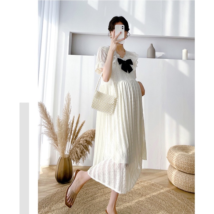 Váy đầm bầu cổ bèo nơ ren thiết kế công sở, dự tiệc cho mẹ bầu phong cách hàn quốc sang trọng, thanh lịch mới mùa hè