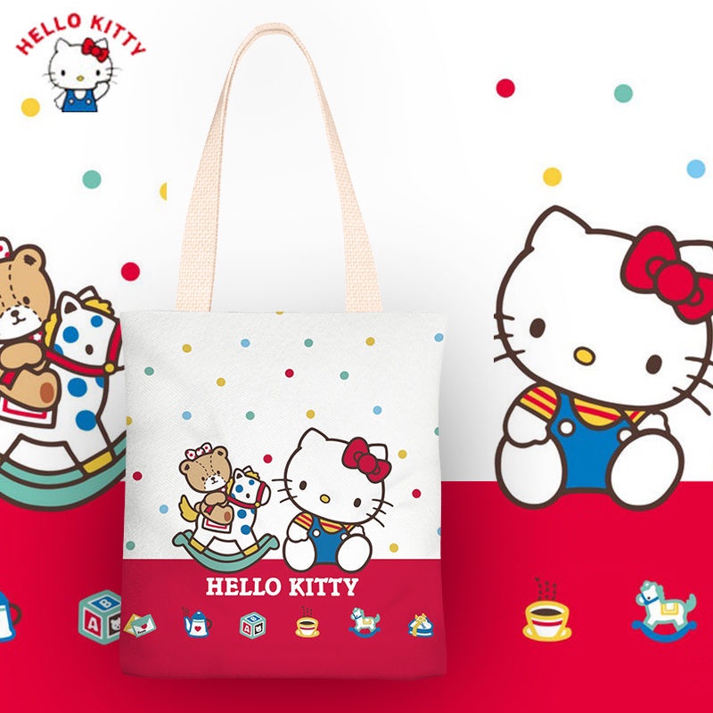 Hello Kitty cartoon canvas bag Túi vải túi một vai cô gái túi xách túi học sinh túi zipper túi túi môi trường