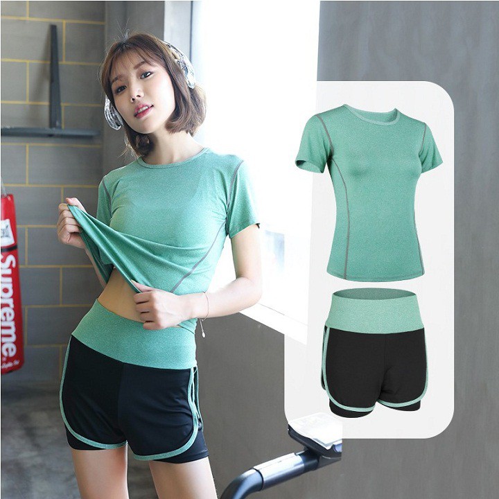 [CÓ SIZE LỚN] set bộ đồ tập gym, yoga, aerobic nữ Linda018 áo thun quần đùi 2 lớp