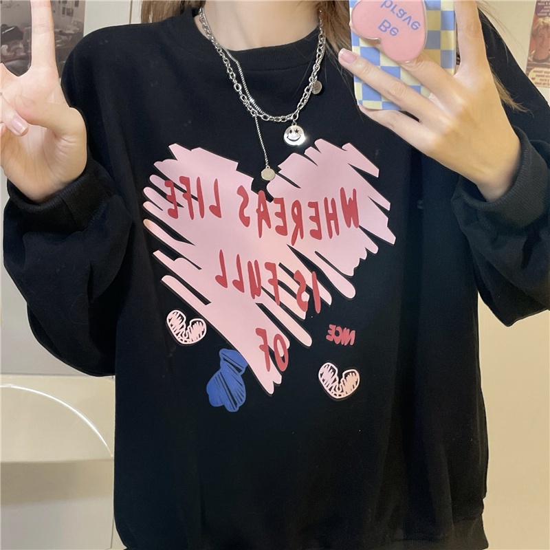 Áo sweatshirt PEWARNA IKAT dài tay họa tiết trái tim hoạt hình dáng rộng phong cách Nhật Hàn thời trang thu đông cho nữ