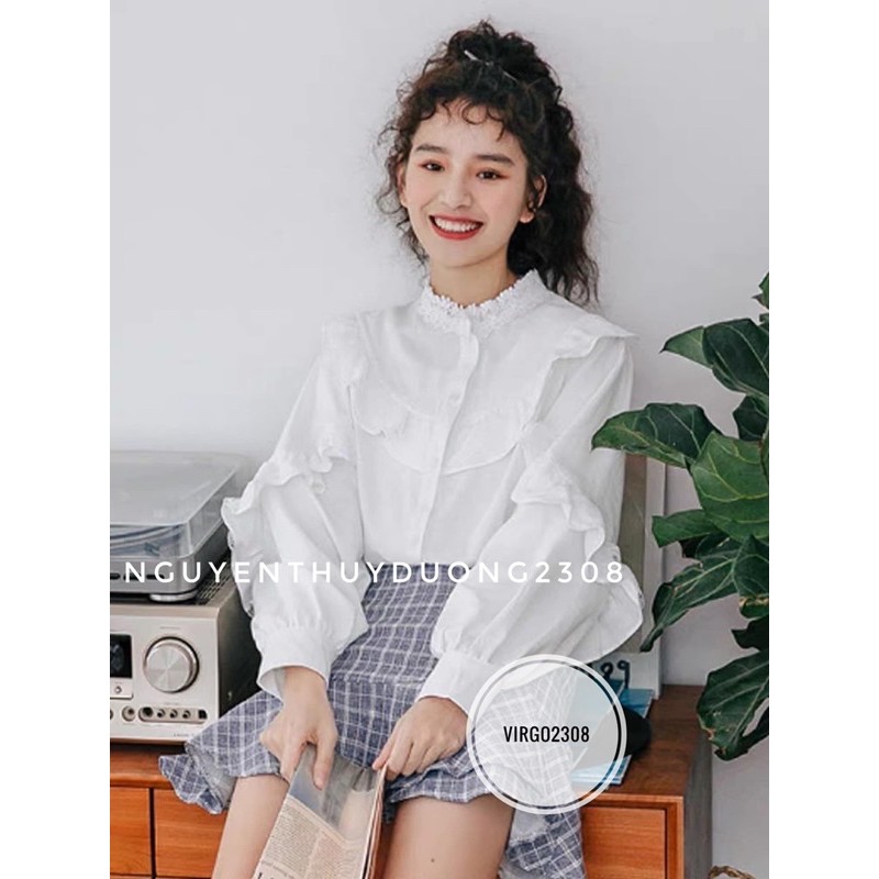 [Ảnh thật/Video/Sẵn]Áo sơmi cổ tàu viền ren ngực tay ulzzang