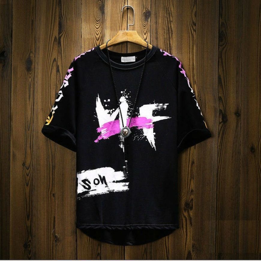 Áo Thun Ngắn Tay Cổ Tròn Dáng Rộng Phong Cách Hip Hop Hàn Quốc Cá Tính Cho Nam