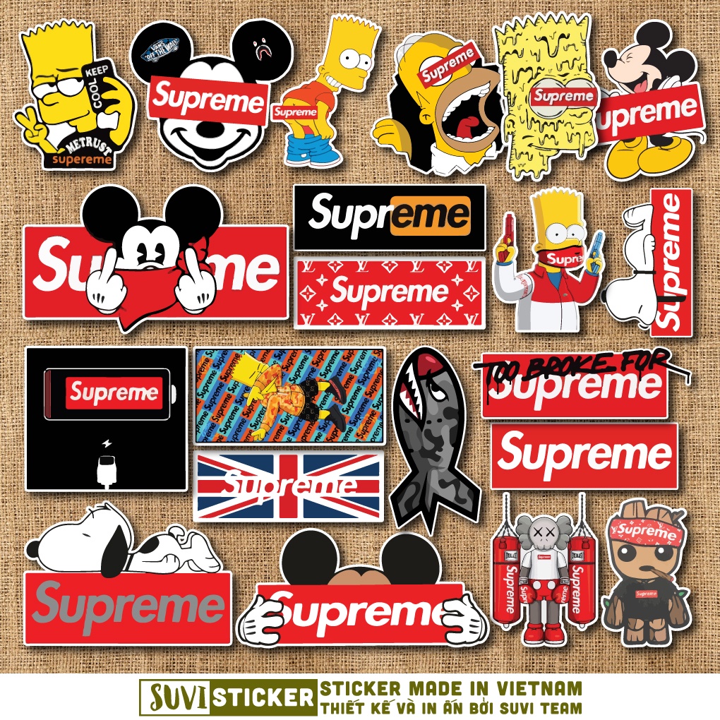50 Sticker Superme chống nước sticker dán mũ bảo hiểm, laptop, điện thoại, đàn guitar, vali. MSP: SV36