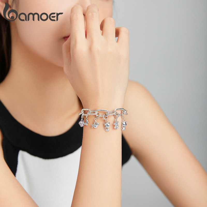 Mặt Trang Sức Bamoer SCX122 Bằng Bạc 925 Thiết Kế Hình Mèo Đính Zircon Thích Hợp Làm Vòng Tay DIY