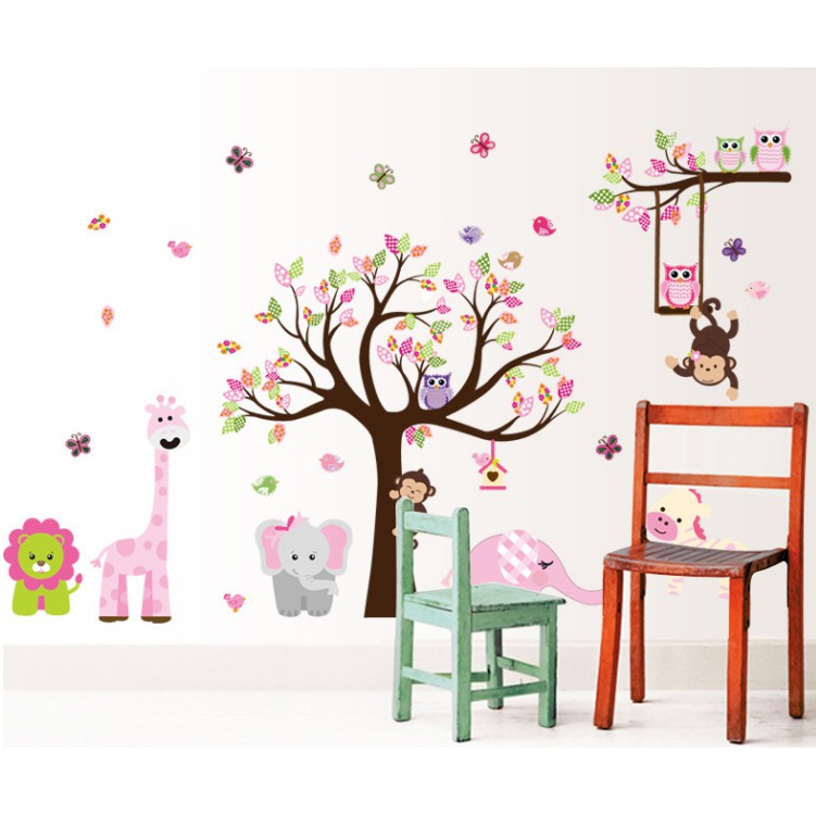 Decal trang trí tường Cây và Thú hồng cho Bé ( cao cấp )