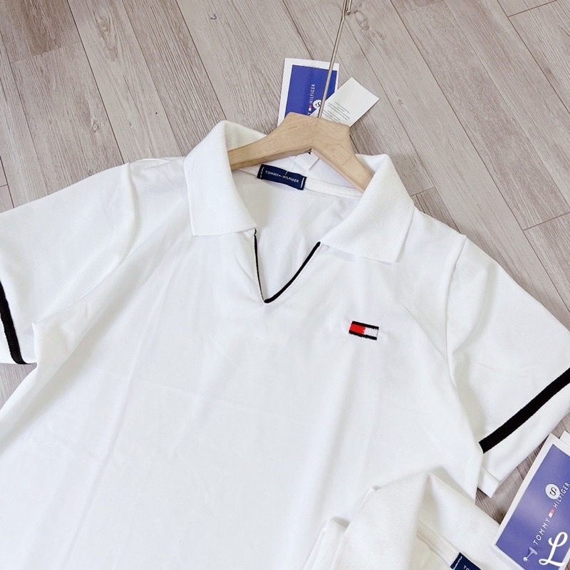 Áo Polo Trắng Viền Đen Cổ Chữ V Áo Phông Polo Trắng Đen Cho Bạn Nữ