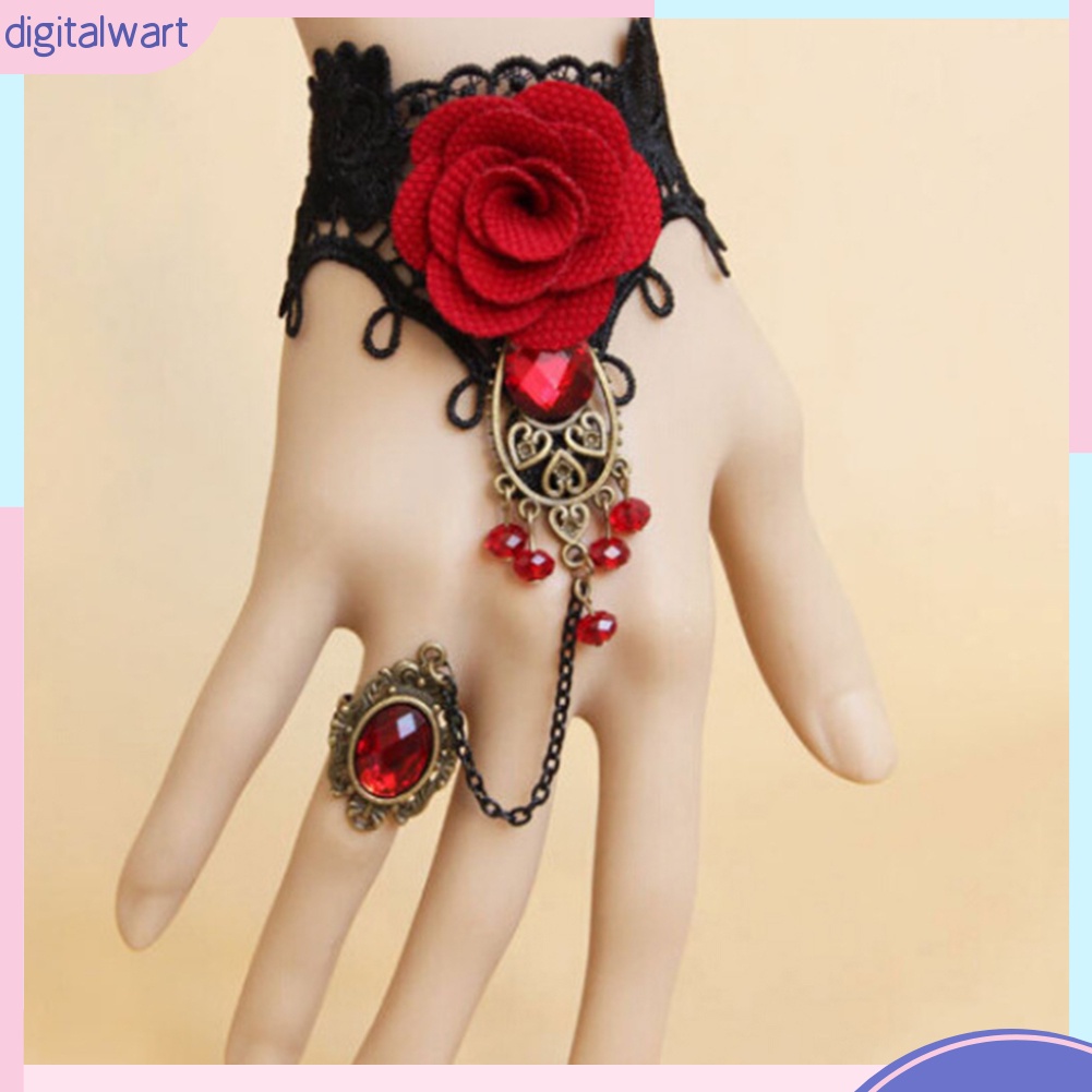 Vòng đeo tay ren đính hoa hồng nối nhẫn phong cách cổ điển thanh lịch cho nữ