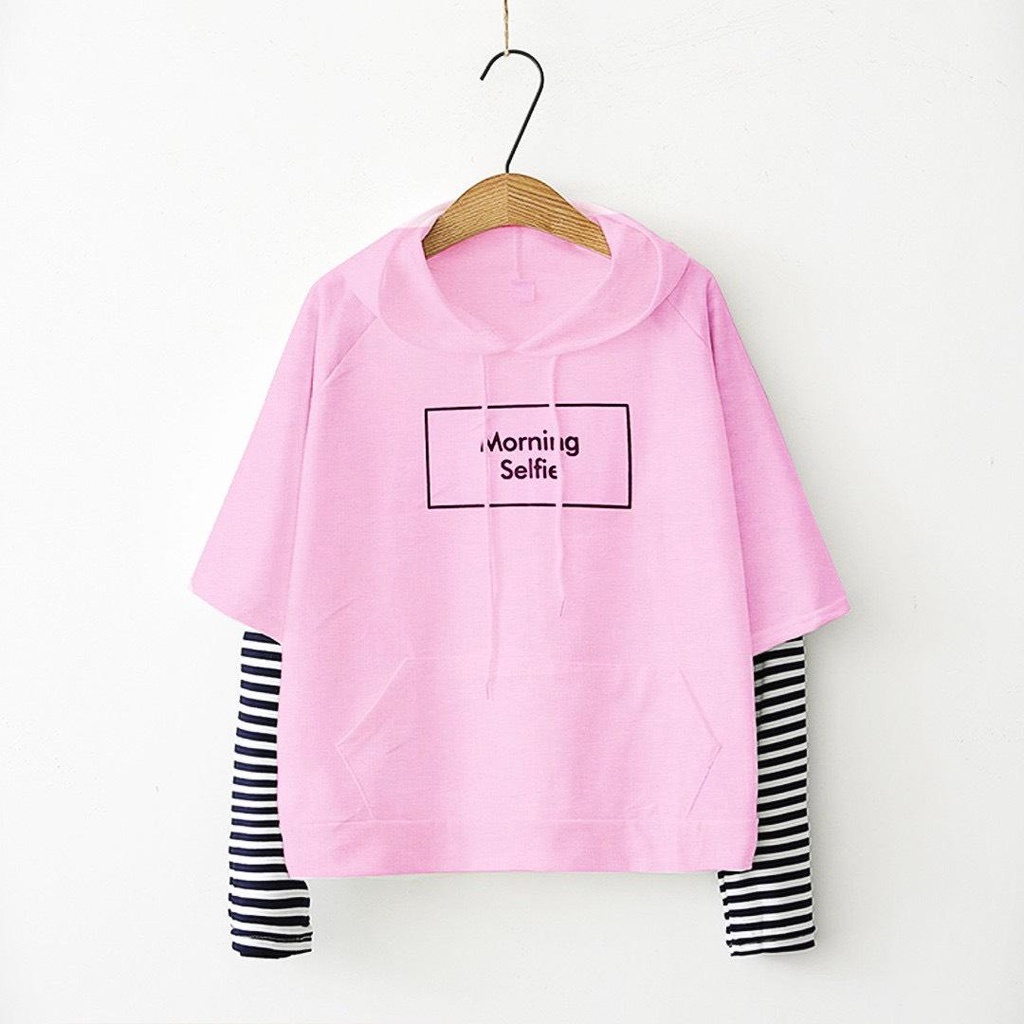 Áo dài tay bé gái có mũ phối sọc tay 2 màu thời trang hàn quốc hiphop, hoodie phối sọc line tay - trang 25 Kids -k187