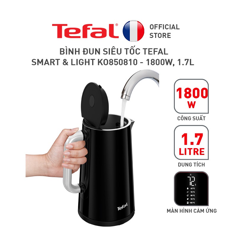 [Mã ELRE3CHA giảm 8% đơn 500K] Bình đun siêu tốc thông minh 1.7L Tefal Smart & Light KO850810 - 1800W - BH 2 năm