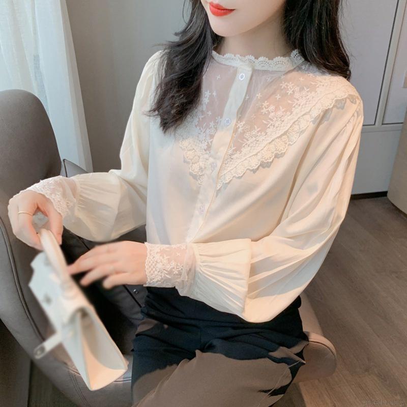 Áo Sơ Mi Chiffon Tay Dài Cổ Chữ V Phối Ren Thời Trang Mùa Hè Cho Nữ