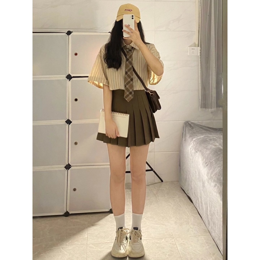 Set Áo Sơ Mi Kẻ Sọc Phối Chân Váy Xếp Ly Ngắn Tay Thời Trang Mùa Hè Cho Nữ