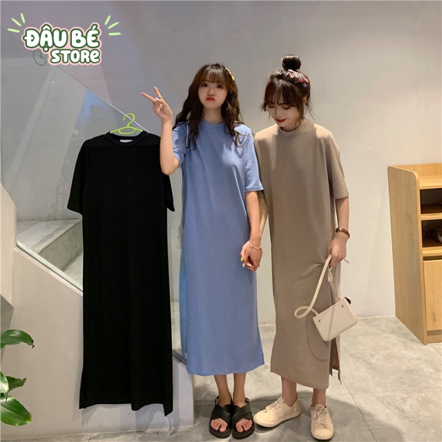 Váy Thun Suông Dáng Dài Màu Trơn Cổ Tròn Ulzzang - Đầm Xuông Nữ Form Rộng Tay Lỡ Thoáng Mát Năng Động - Daube - V002