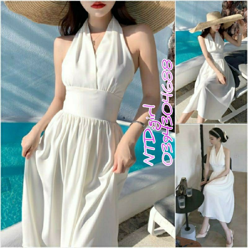 Đầm maxi trắng cổ yếm sang trọng, váy xòe đi biển chiffon - DTH