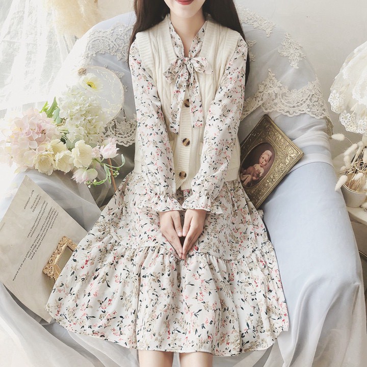 Váy hoa nhí cổ buộc nơ xinh xắn, Đầm hoa nhí vintage cổ nơ 2021 - Dorita Boutique | BigBuy360 - bigbuy360.vn