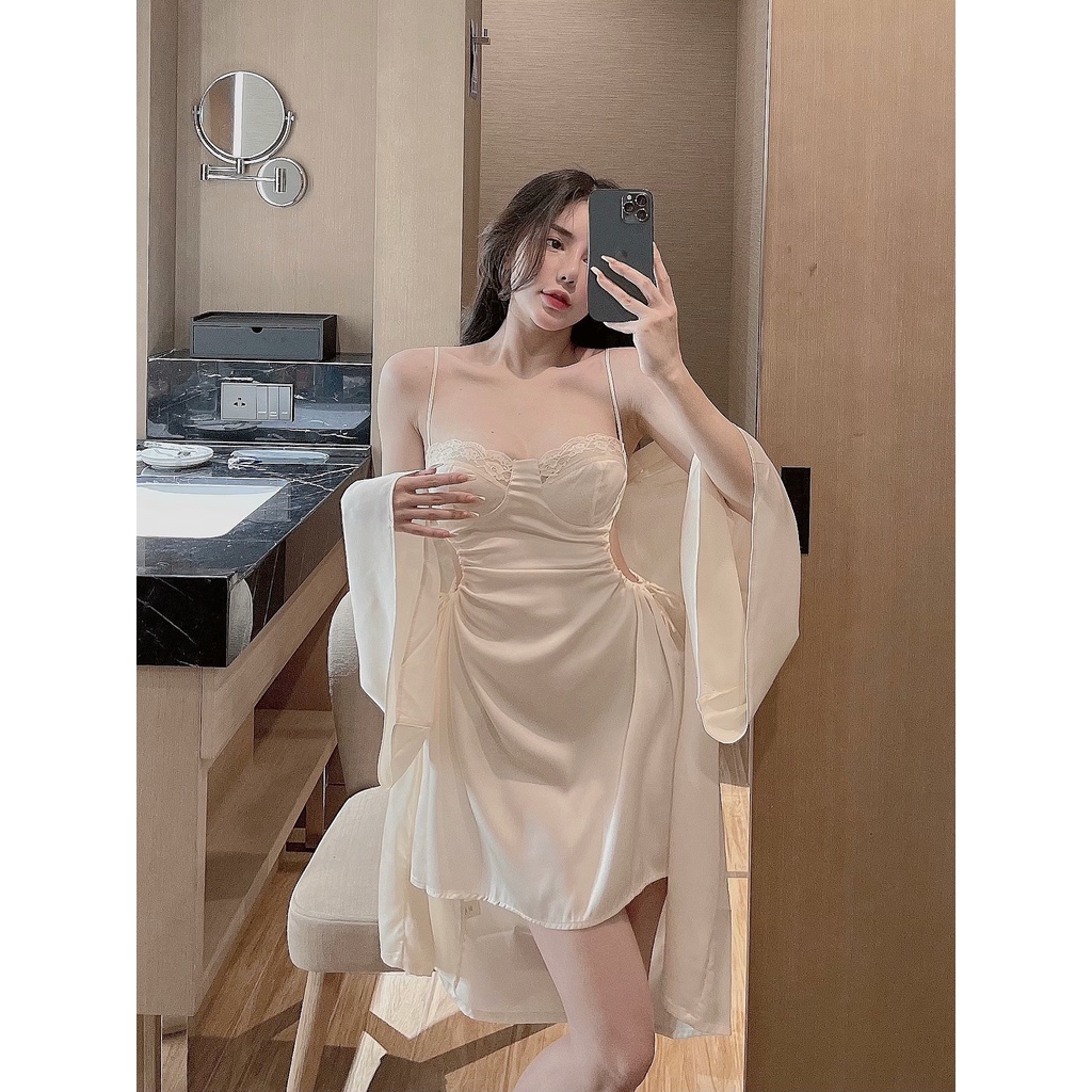 Set đầm ngủ nữ 2 dây sexy lụa latin dây rút