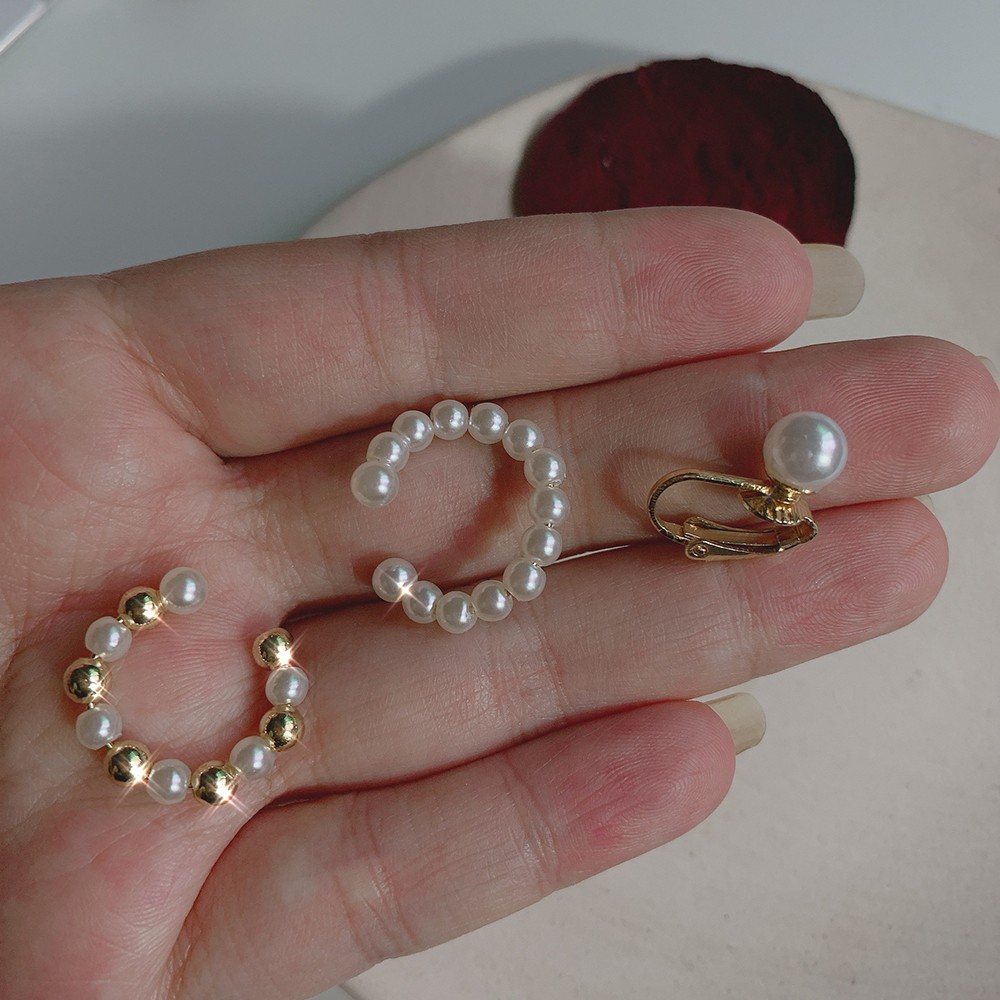 Set 3 Khuyên Vành Tai Đính Ngọc Trai Phong Cách Retro