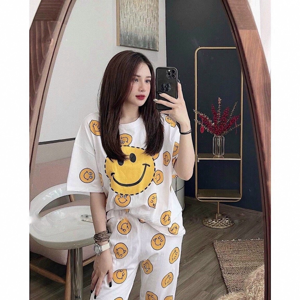 ( MIỄN PHÍ SHIP 2022)Set bộ thun da cá in mặt cười vàng, bộ áo thun trắng in hình from rộng quần ống túm