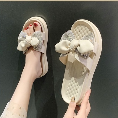 Dép Xinh Nữ Đế Xuồng Cao 4Cm Quai Ngang/ Dép Lê Đính Nơ Xinh