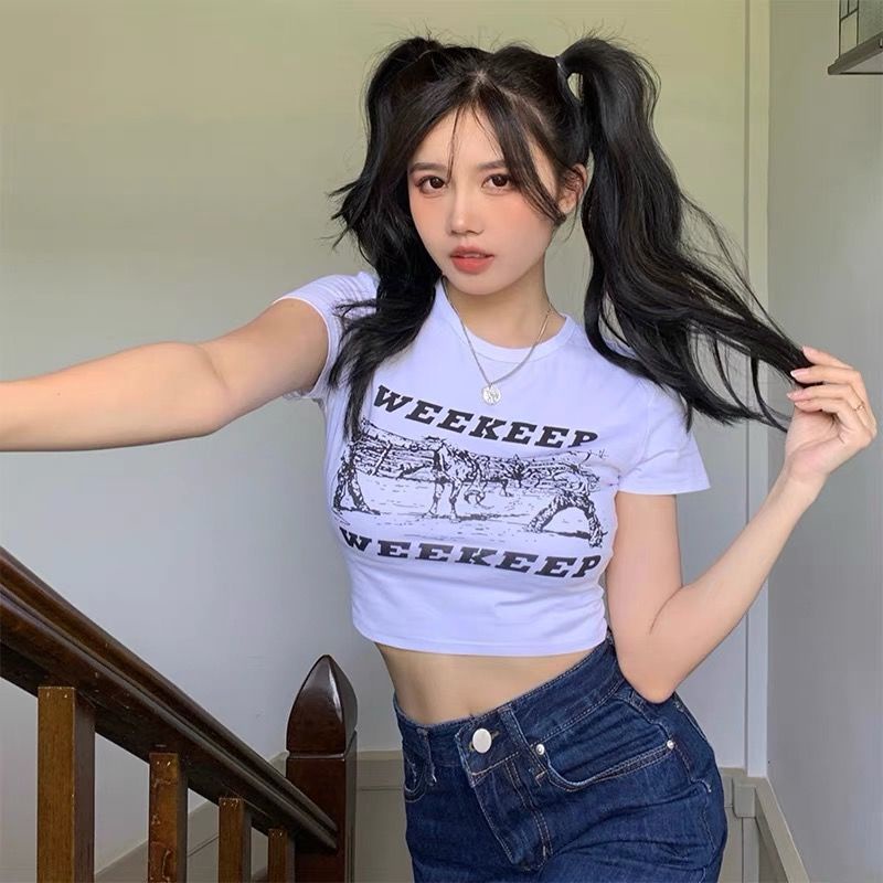 Jiashucheng Áo Thun Tay Ngắn Dáng Ôm Phong Cách Âu Mỹ Ngọt Ngào Thời Trang Mùa Hè Cho Nữ