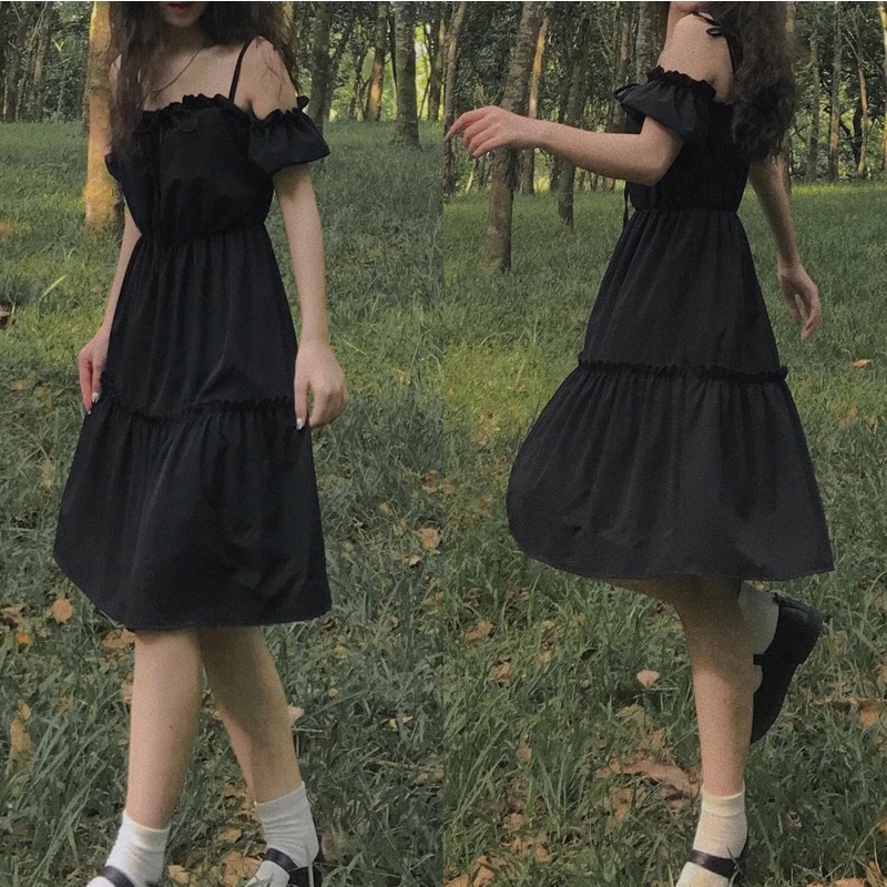 ĐẦM - VÁY ANGEL ĐEN 2 DÂY ĐEN BUỘC NƠ TRỄ VAI