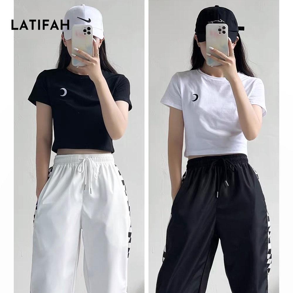 Áo thun croptop tay lỡ Latifah thêu hình MẶT TRĂNG AT012 chất vãi dày dặn co giãn 4 chiều