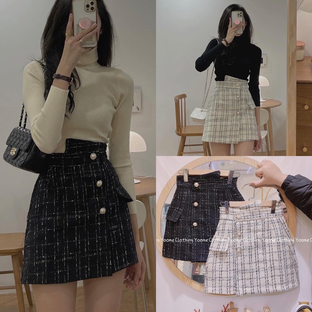 Chân váy dạ kẻ khuy ngọc cạp lệch có quần bảo hộ size S M L cho nữ Yoomeclothing ( ảnh thật tại shop )