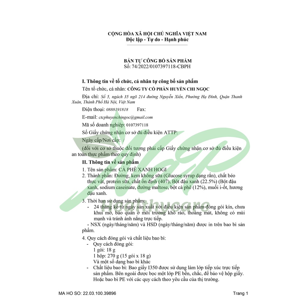 Cà Phê Xanh Giảm Cân, Cà Phê Kháng Mỡ HOGI Hương Vị Đậu Xanh Thơm Ngon Dễ Uống, Hộp 15 Gói - ADC Store