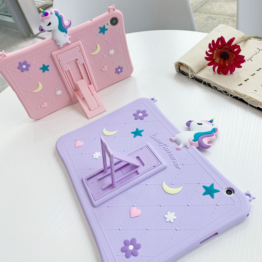 For Huawei Mediapad T5 10.1"/M5 Lite 8" Lite 10.1"/M6 8.4" 10.8"/MatePad Pro 10.8"/MatePad 10.4"（BAH3-AL00 / W09）Cute Cartoon Silicone Kids Case Cover Stand Shoulder Strap Rainbow Unicorn