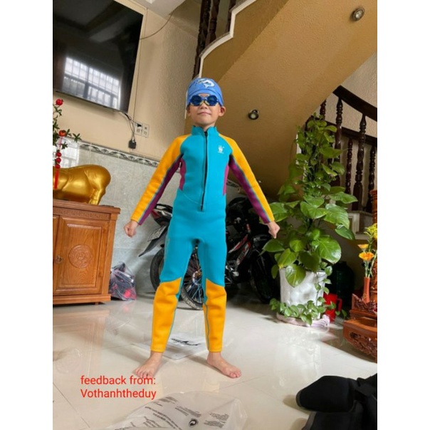 Đồ bơi giữ nhiệt dài tay dày 2.5mm khóa kéo trước cho bé trai WS M150502K màu xanh dương phối tay cam nam tính