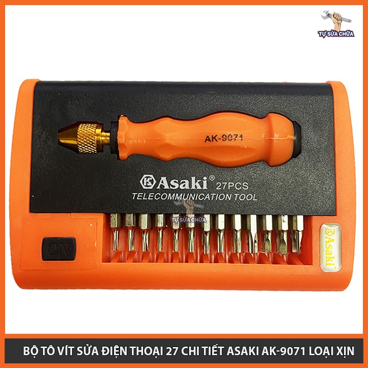 Bộ tô vít sửa điện thoại 27 chi tiết chính hãng Asaki AK-9071, đầy đủ các mũi vít, mở được tất cả các loại ốc vít