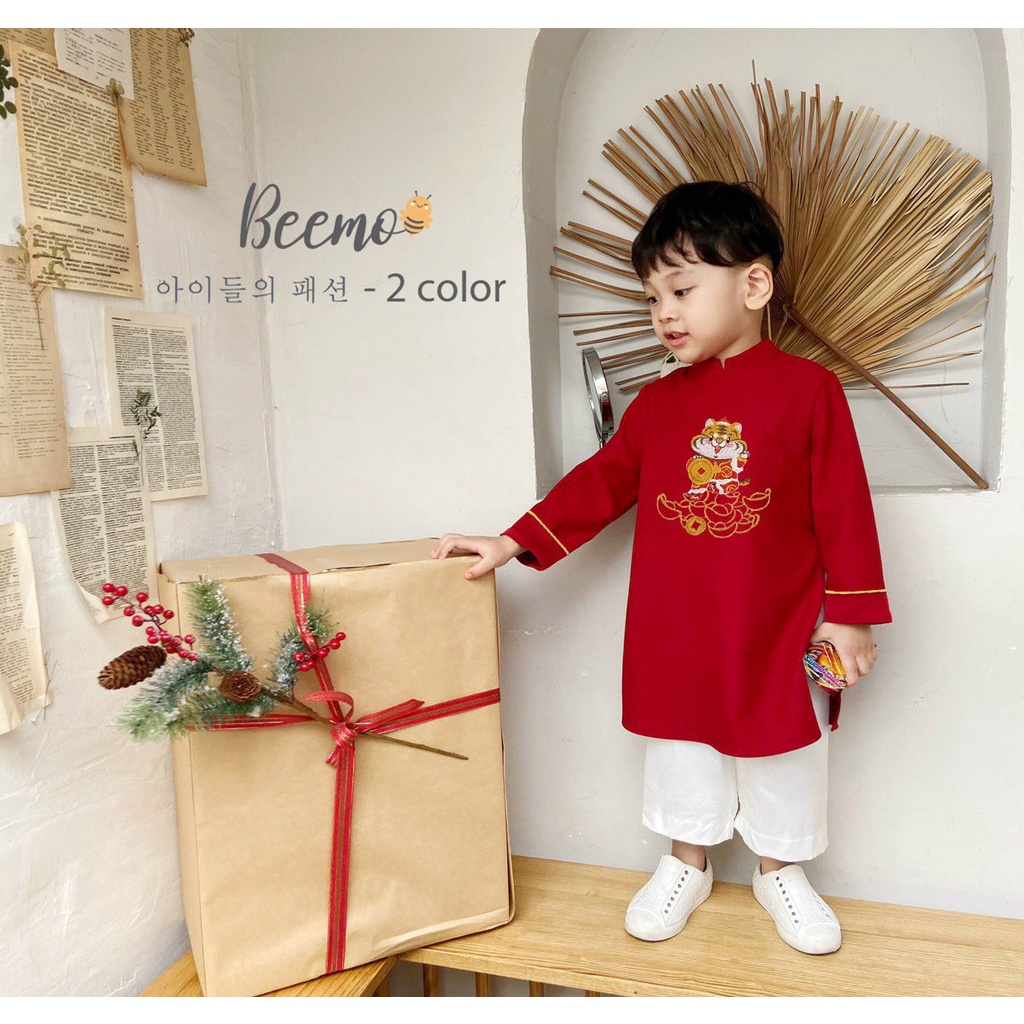 Set bộ áo dài tài lộc Beemo cho bé trai bé gái từ 1 đến 6 tuổi thêu đế vương rinh tài lộc 20D073