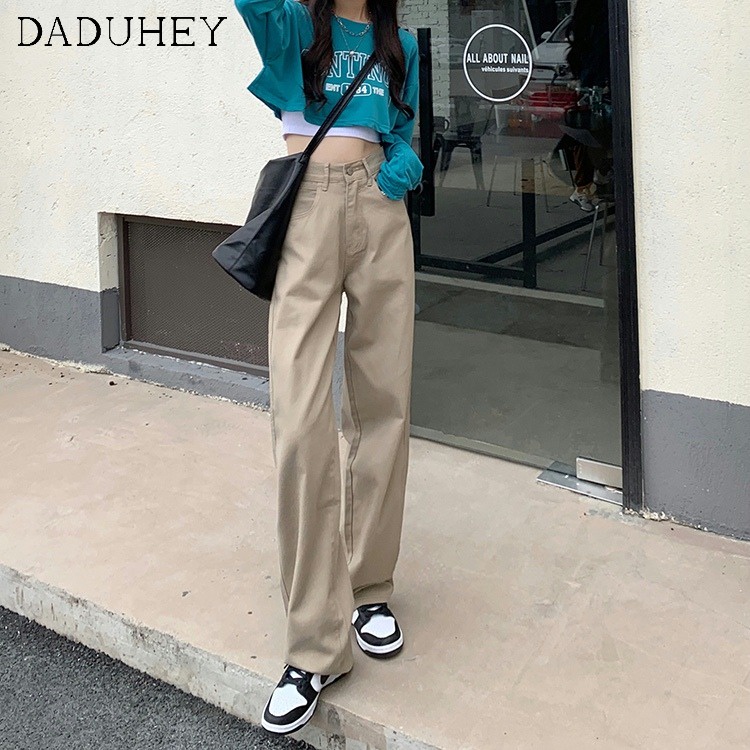 Daduhey Quần jean ống rộng lưng cao phong cách Hàn Quốc độc đáo cho nữ