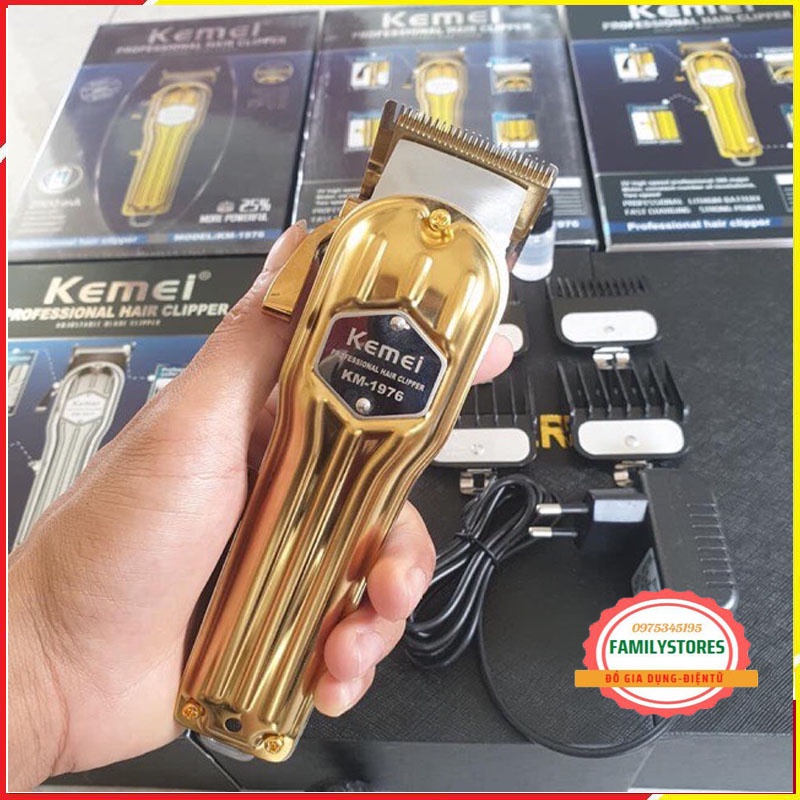 Tông đơ cắt tóc màu Gold Kemei 1976 thân nhôm hợp kim cao cấp lưỡi thép cacbon cao không gỉ sét sắc bén
