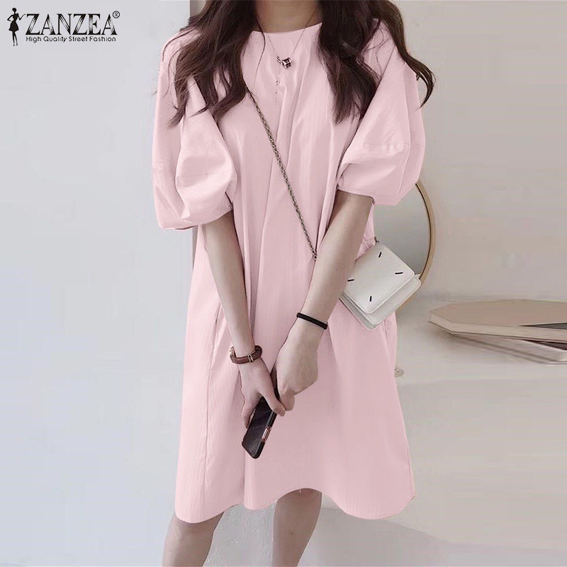 Đầm ZANZEA cổ tròn tay phồng màu trơn bằng cotton cho nữ giới