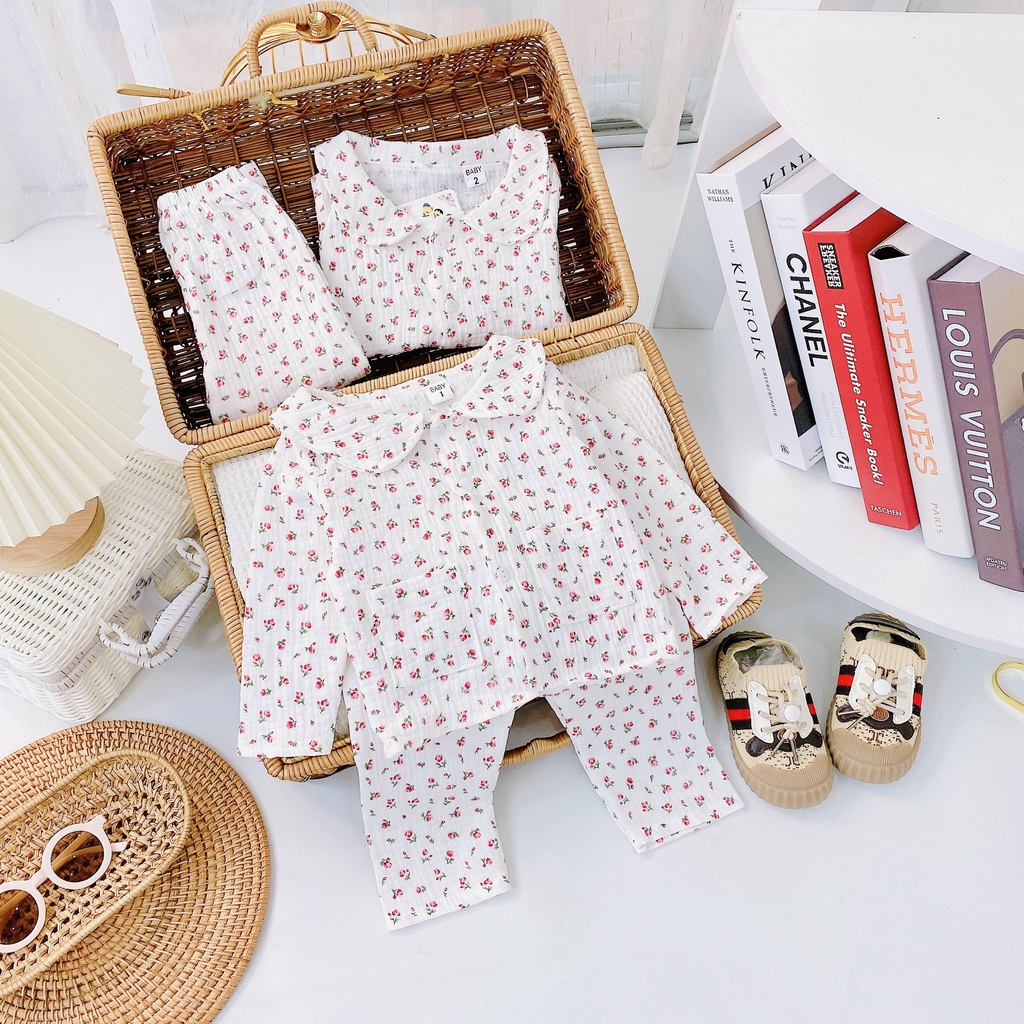 DT74 Bộ Dài Tay Vải Xô Muslin Nữ Siêu Hot Họa Tiết Hoa Quả Cho Bé Cực Xinh Chất Vải Xô Size Từ 7-18KG VNXK Nhật-Hàn