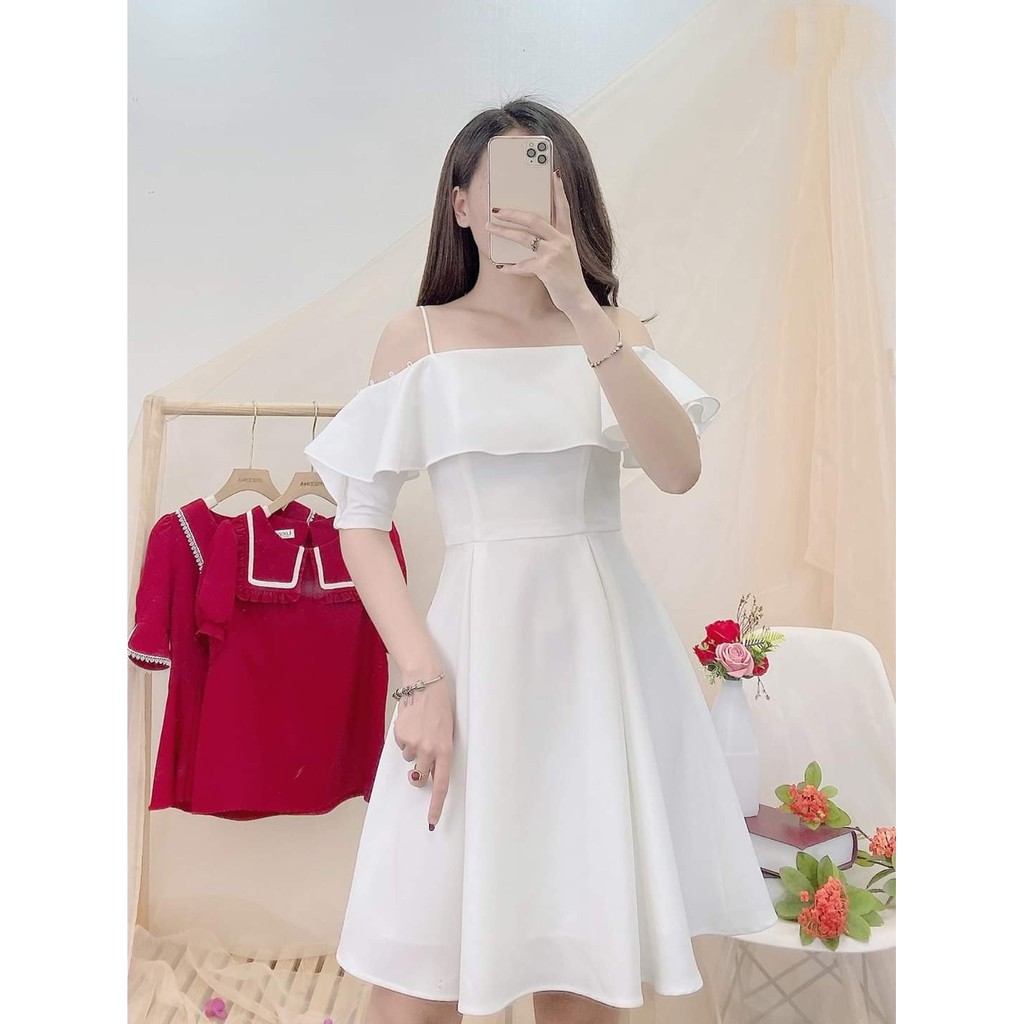 Đầm trễ vai trắng bèo 2 dây đẹp dịu dàng | BigBuy360 - bigbuy360.vn