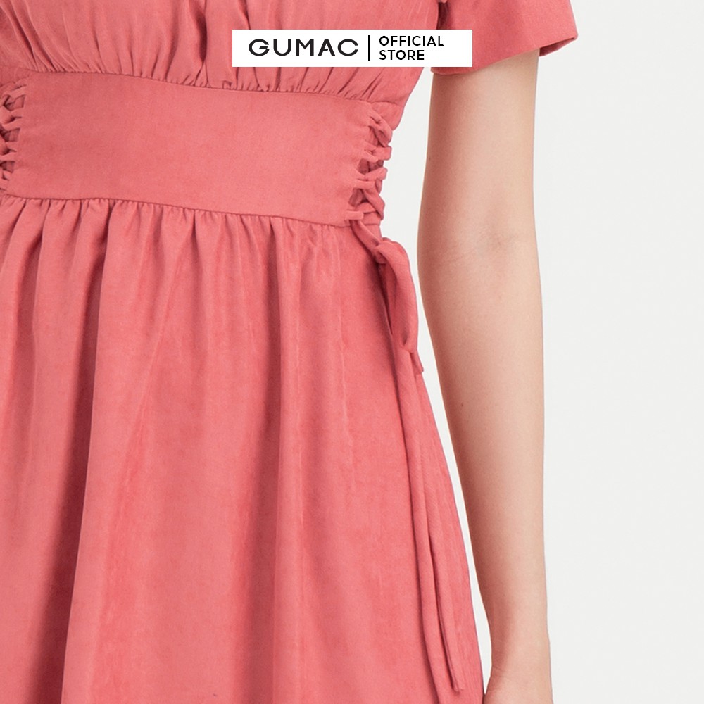 [Mã WABRGU155 giảm 15% tối đa 50k đơn 199k] Đầm xòe nữ đan eo nhún cổ GUMAC màu hồng phong cách vintage DB423 | BigBuy360 - bigbuy360.vn