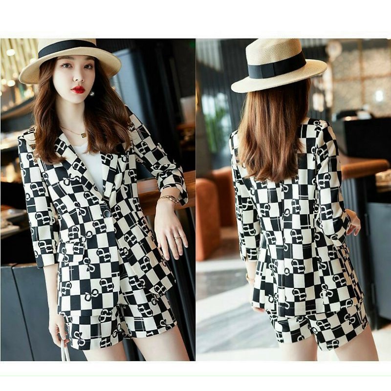 Hàng nhập - Set bộ vest nữ short họa tiết caro, sét đồ blazer công sở cotton lạnh