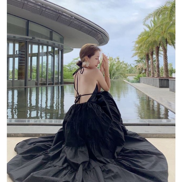 Đầm Maxi hai dây hở lưng xòe đi biển màu đen HDC91 Hỉn Hỉn Store